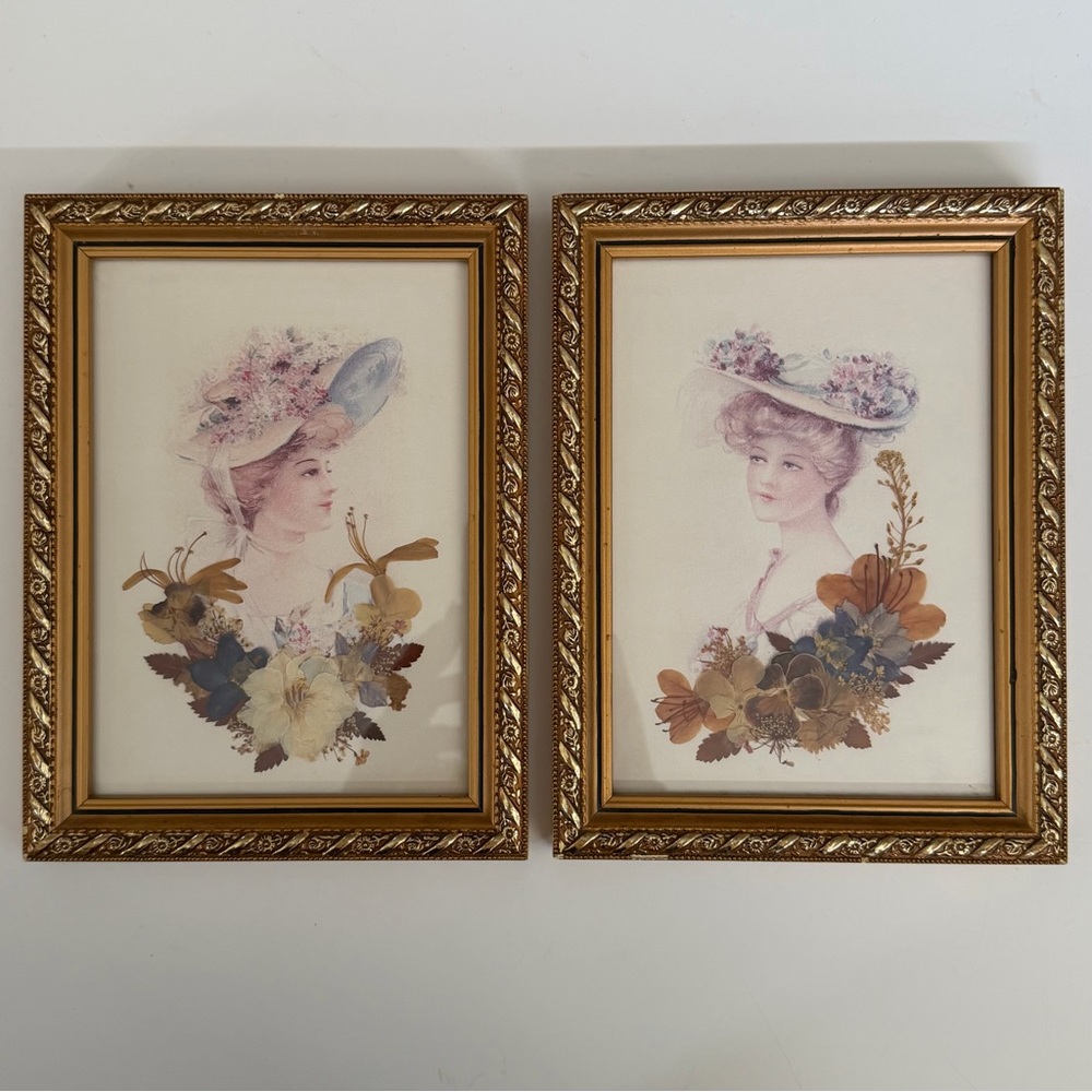 Vintage Victorian Portrait Pairing with Real Pressed Flowers in Ornate Frames